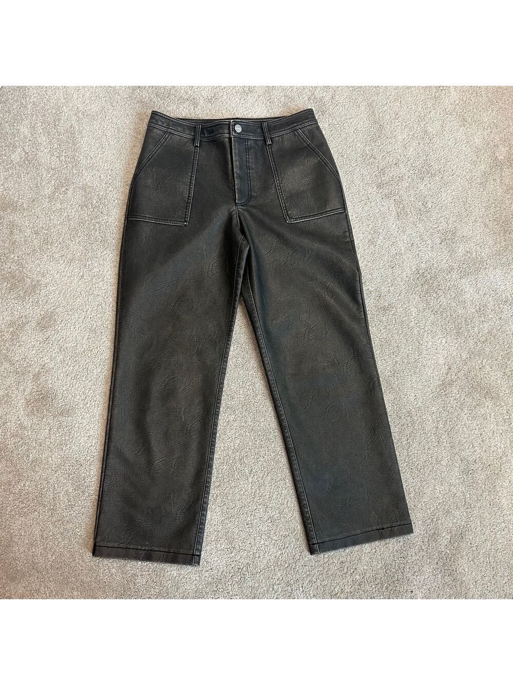 Zara Black faux leather pleather vegan rustic straight leg pants Sz 6 NWOT - Picture 12 of 12